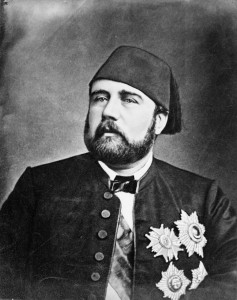 Portrait of Isma'il Pasha (1830–1895), Khedive of Egypt who commissioned Verdi to write Aida to celebrate the opening of the Khedivial Opera House but Verdi failed to deliver in time for the scheduled opening night in February 1871 due to scenery and costumes being stuck in Paris because of the Siege of Paris (1870-1871)