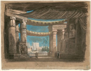 Set design for Act 2 tableau 2 ("Entrance to Thebes") of Aida as first performed at the Cairo Opera House on 24 December 1871